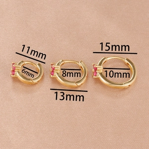 Three sizes of gold hoop earrings with red zircons, diameters 11mm, 13mm and 15mm