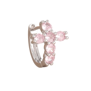 Elegantes pendientes de aro de cruz plateados con circonitas rosas y diseño minimalista