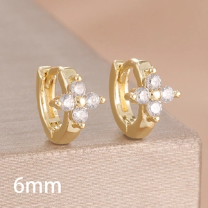 Minimalist 18K gold four-leaf clover huggie hoop earrings with zircon stones in 6mm
