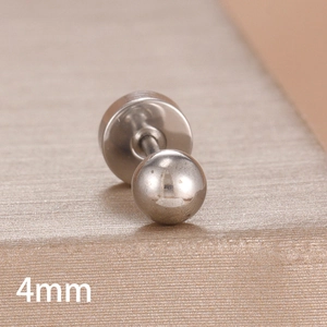 Macro shot of 4mm silver ball stud earring with screw-back barbell post in stainless steel