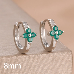 Detailed close-up of 8mm silver clover earrings featuring four green cubic zirconia stones