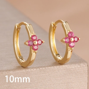 Detail view of 10mm gold-plated hoop earrings with pink clover-shaped zircon stones