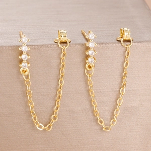 Elegant gold chain stud earrings featuring four vertical zircon stones in a sleek design