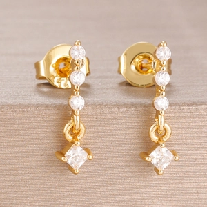 Elegant gold drop earrings featuring square-cut cubic zirconia and S925 silver hallmarks