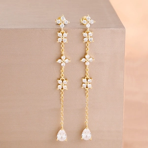 Elegant gold drop earrings with tiered flower zircon charms and a pear-shaped pendant