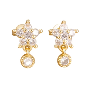 Elegant gold flower earrings with sparkling clear cubic zirconia crystals for women