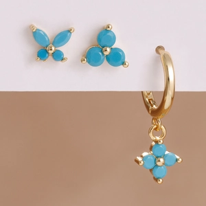 Stainless Steel Blue Butterfly Flower Four-Leaf Clover Stud Earrings Set Rhinestone Micro Inlaid Jewelry For Women Commuting