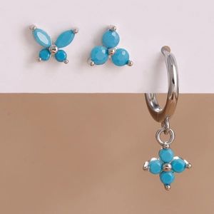 Three-piece silver earrings set with blue zircon butterfly and flower charms