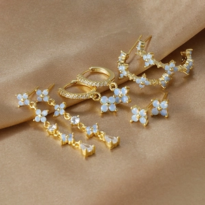 Ins Style 18K Gold Plated Copper Flower Stud Earrings For Women Light Blue Synthetic Opal Zirconia Dangle Hoop Earrings