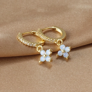 Blue flower hoop earrings with 18K gold plating and sparkling zircon accents