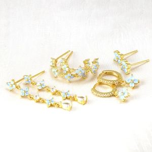 Four-pair 18K gold plated blue flower earring set with zircon accents for women