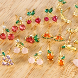 18K Gold Plated Copper Fruit Stud Earrings With 925 Sterling Silver Earring Post Colorful Zircon Cherry Pineapple Orange Jewelry For Women