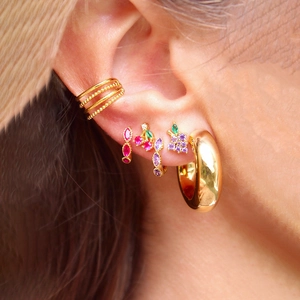 Chic 18K gold plated fruit earrings set with colorful zircon stones on model ear