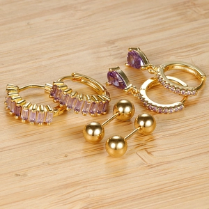 Boucles d'Oreilles Créoles en Acier Inoxydable avec Tige en Argent Sterling 925 et Zircone Violette Goutte d'Eau Géométrique Bijoux Femme