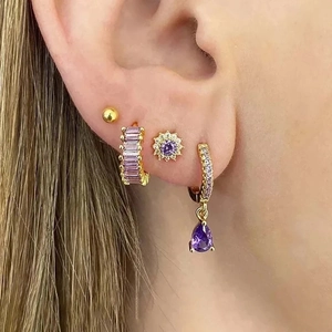 Parure de boucles d'oreilles S925 dorées avec goutte violette et zircon rose