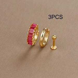 Detailed view of 3PCS gold earring set featuring red zircon huggie and stud accents