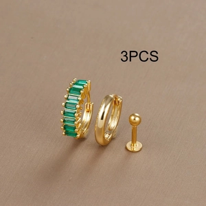 3PCS gold earring set featuring green gemstone hoops and polished minimalist studs