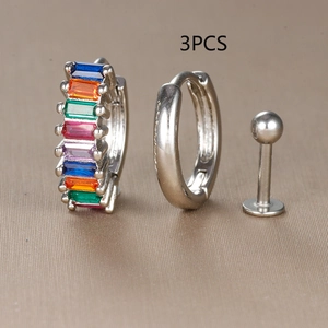 Detailed close-up of a 3-piece silver earring set featuring colorful cubic zirconia stones