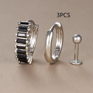 Detailed view of 3pcs silver hoop and stud set with black rectangle gemstone inlay
