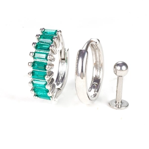 Three-piece silver earring set featuring green emerald-cut zircon hoops and classic studs