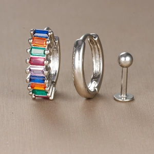 Three-piece stainless steel earring set with colorful zircon hoop and silver ear studs