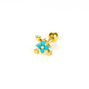 Gold stainless steel cross stud earring with blue turquoise stones and screw back closure