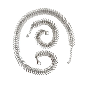 Polished silver 18K stainless steel fishbone necklace and bracelet jewelry set for women
