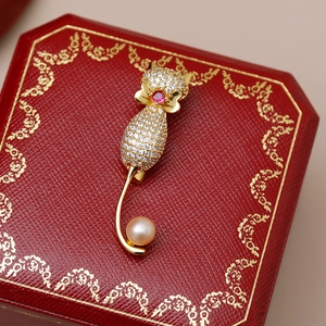 Vue macro d'une broche chat avec zircons, rubis et perle rose sur un coffret de bijoux