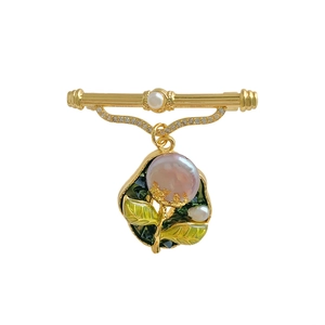 Vintage gold brooch with natural baroque pearl and green enamel for wedding accessory