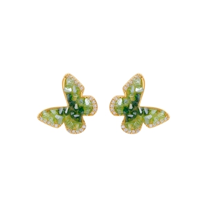 Boucles d'oreilles papillon dorées avec pierres vertes et cristaux brillants