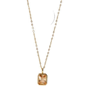 18k gold plated necklace with a rectangular champagne gemstone pendant on white background
