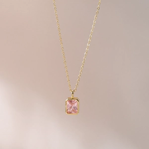 Elegant 18k gold plated necklace with a rectangular pink birthstone pendant for women