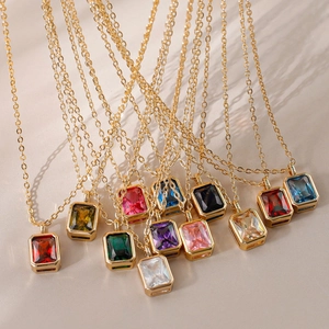 18K Gold Plated Copper Birthstone Necklace Rectangular Emerald Cut Zirconia Pendant Minimalist Clavicle Chain For Women