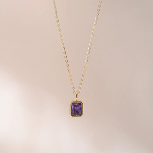Elegant 18k gold plated necklace with emerald-cut purple gemstone pendant for women