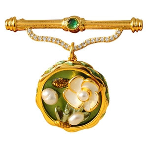 Vintage palace style brooch with green emerald, pearl accents, and floral oil painting design