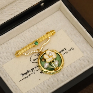 Vintage gold brooch with green gemstone, oil painting enamel, and natural pearls