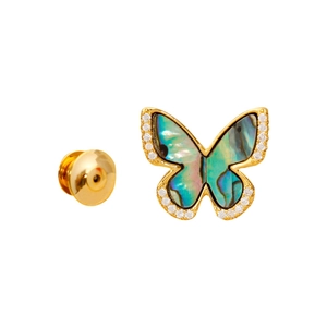 Elegant gold butterfly brooch featuring abalone shell wings and sparkling zircon accents