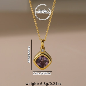 Macro shot of gold necklace with square purple zircon pendant and product dimensions