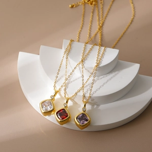 Elegant square zircon pendant necklaces in gold plating with red and purple gemstones