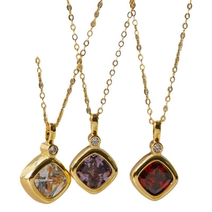 Elegant square zircon pendant necklaces set in white, purple, and burgundy gold finish