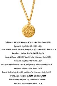 Detailed size chart for retro sun and star tarot pendants with 18K gold plated chain