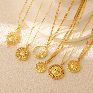 Set of vintage 18K gold plated sun and star pendant necklaces with colorful zircon stones
