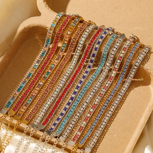 Close-up of colorful crystal tennis bracelets with 18K gold plating and lobster clasp
