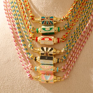 Collier Pendentif Oeil du Mal Carte de Tarot Bohème pour Femme Corde Tissée Colorée Cuivre Plaqué Or Émail Strass Bijoux