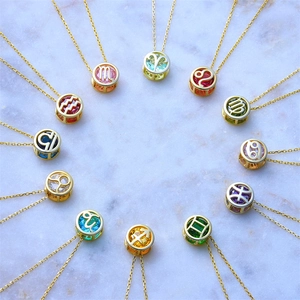 Stainless Steel Chain Gold Plated Copper Zirconia Zodiac Pendant Necklace Hollow Twelve Constellations Jewelry For Women