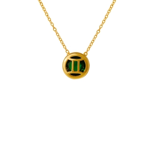 Golden Gemini zodiac necklace with hollow circular pendant and emerald green gemstone