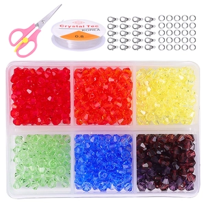 6-Fächer DIY Schmuckset mit 4mm Kristallperlen, Schere und elastischer Schnur