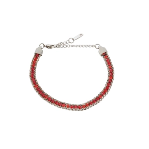 Polished silver stainless steel bracelet featuring vibrant red cubic zirconia accents