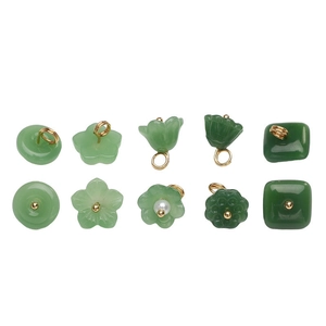 Set of 10 green faux jade pendants in floral and geometric shapes with gold hooks