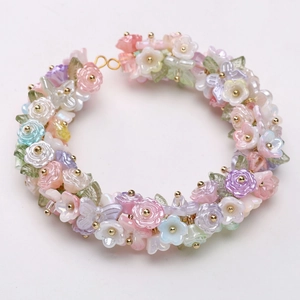 Handmade macaron beaded bracelet with ABS pearl butterflies and colorful resin flowers